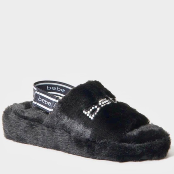 bebe Jeanna Black Faux Fur Plush Open Toe Slipper Size 8 - Picture 1 of 7